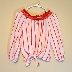 Red/White Stripe Tie Front 3/4 Sleeve Off Shoulder